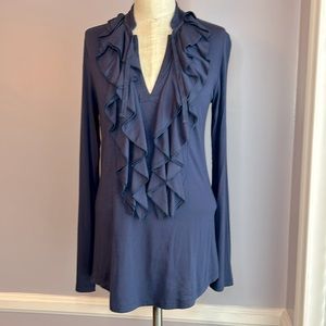 Hazel blue rayon knit fitted high low long sleeve top with ruffle front
